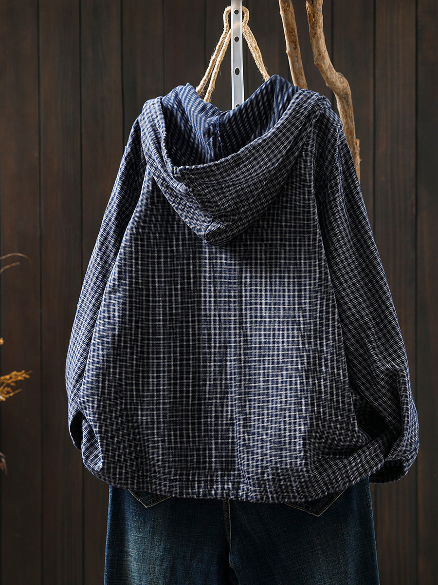 Women Autumn Plaid Hooded 100%Cotton Shirt