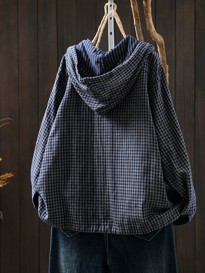 Women Autumn Plaid Hooded 100%Cotton Shirt