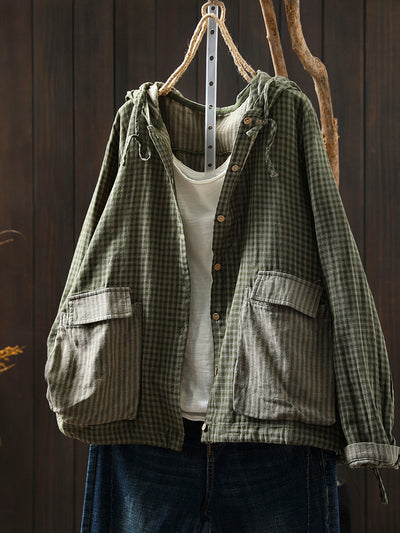 Women Autumn Plaid Hooded 100%Cotton Shirt