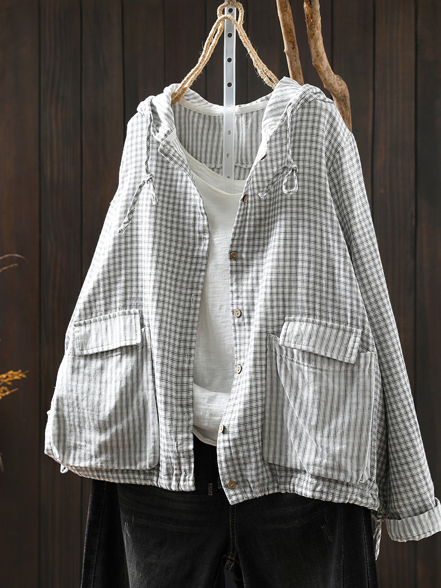 Women Autumn Plaid Hooded 100%Cotton Shirt