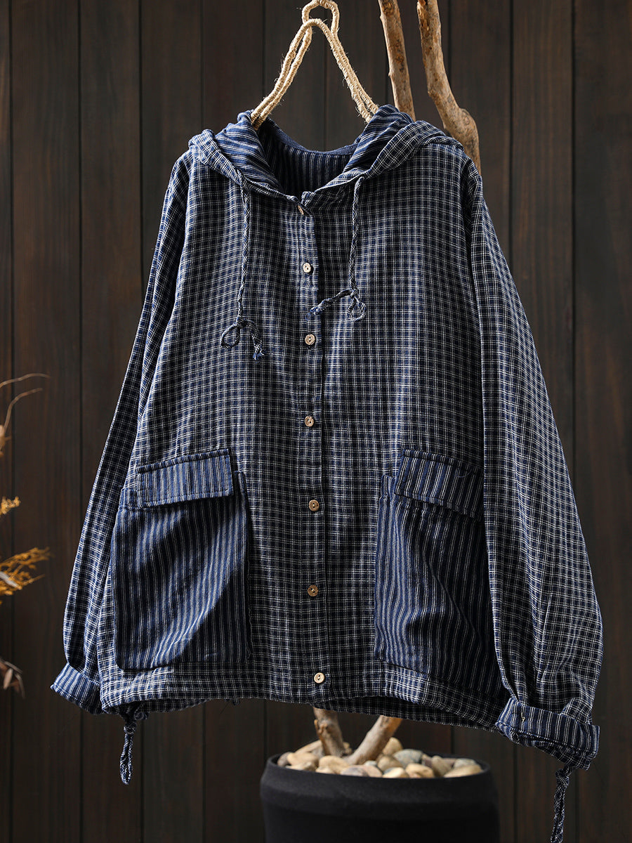Women Autumn Plaid Hooded 100%Cotton Shirt