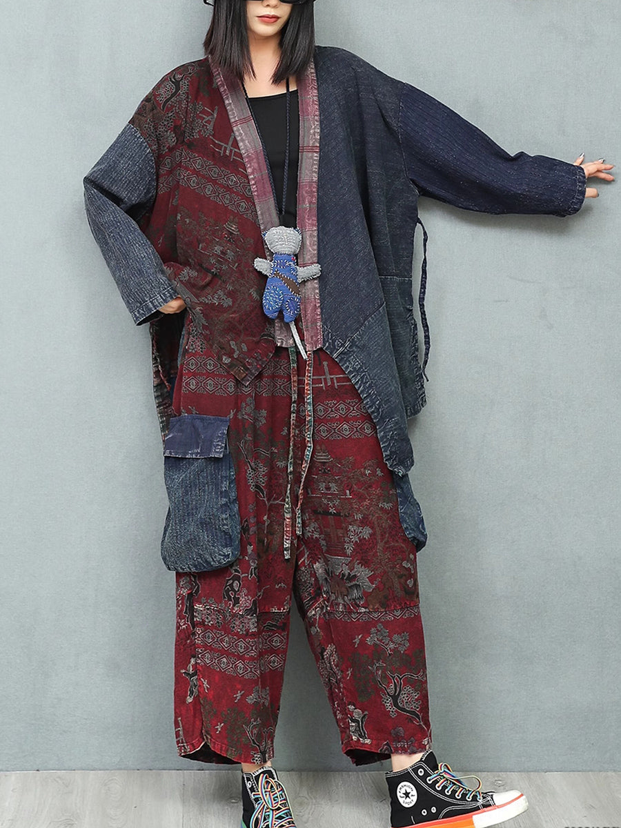 Women Autumn Ethnic Patchwork V-Neck Loose Cotton Suits