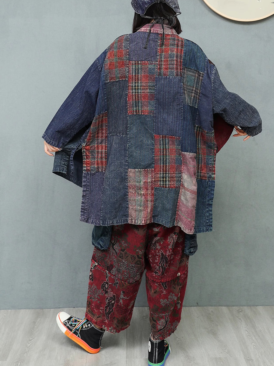 Women Autumn Ethnic Patchwork V-Neck Loose Cotton Suits