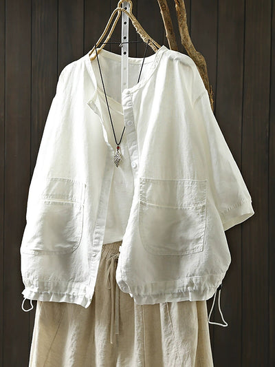 Women Summer Artsy Pure Color O-Neck Shirt