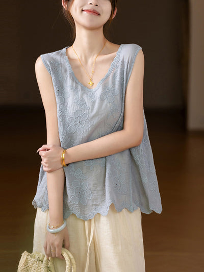 Women Summer Flower Embroidery O-Neck Cotton Vest