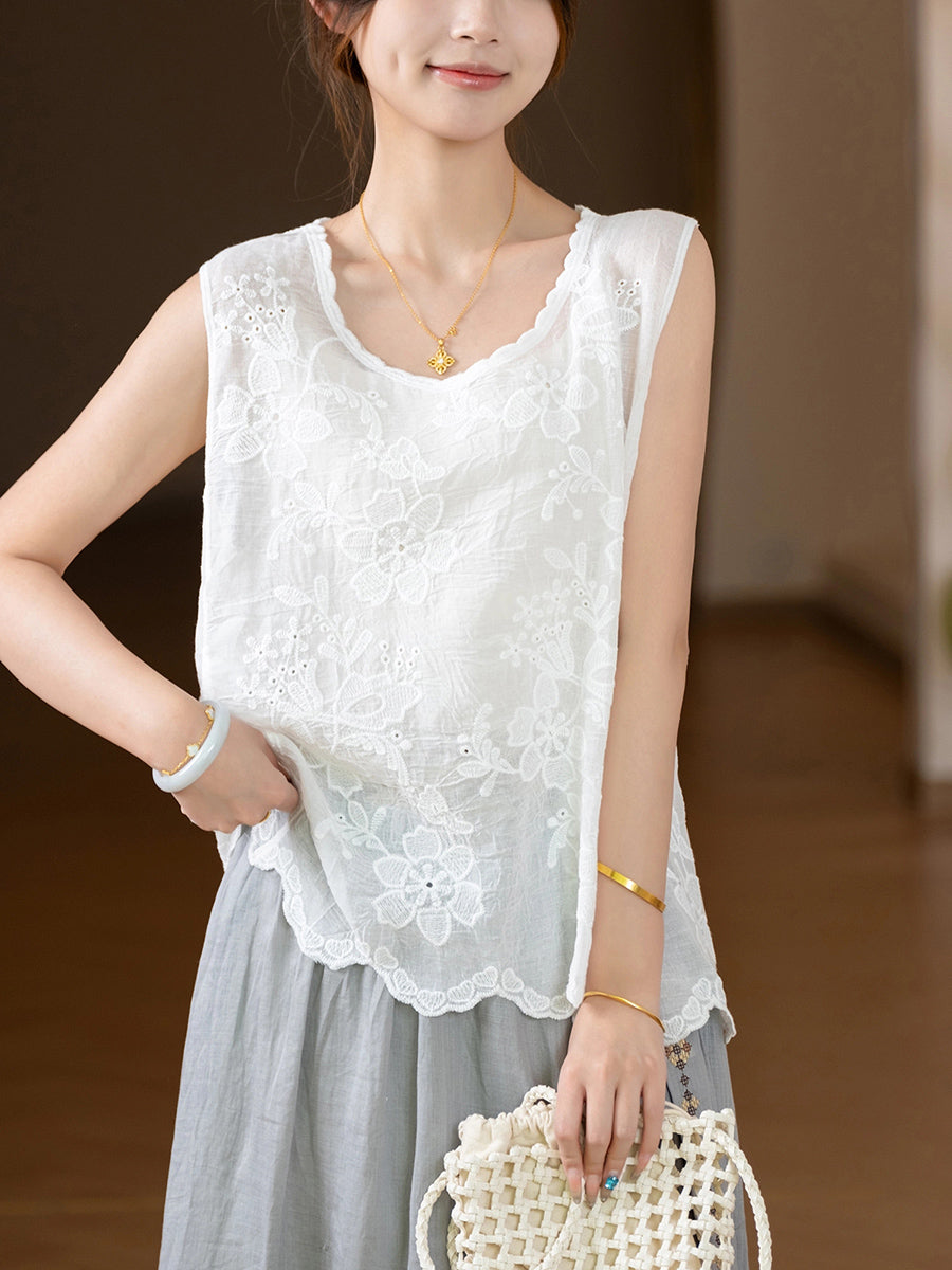 Women Summer Flower Embroidery O-Neck Cotton Vest