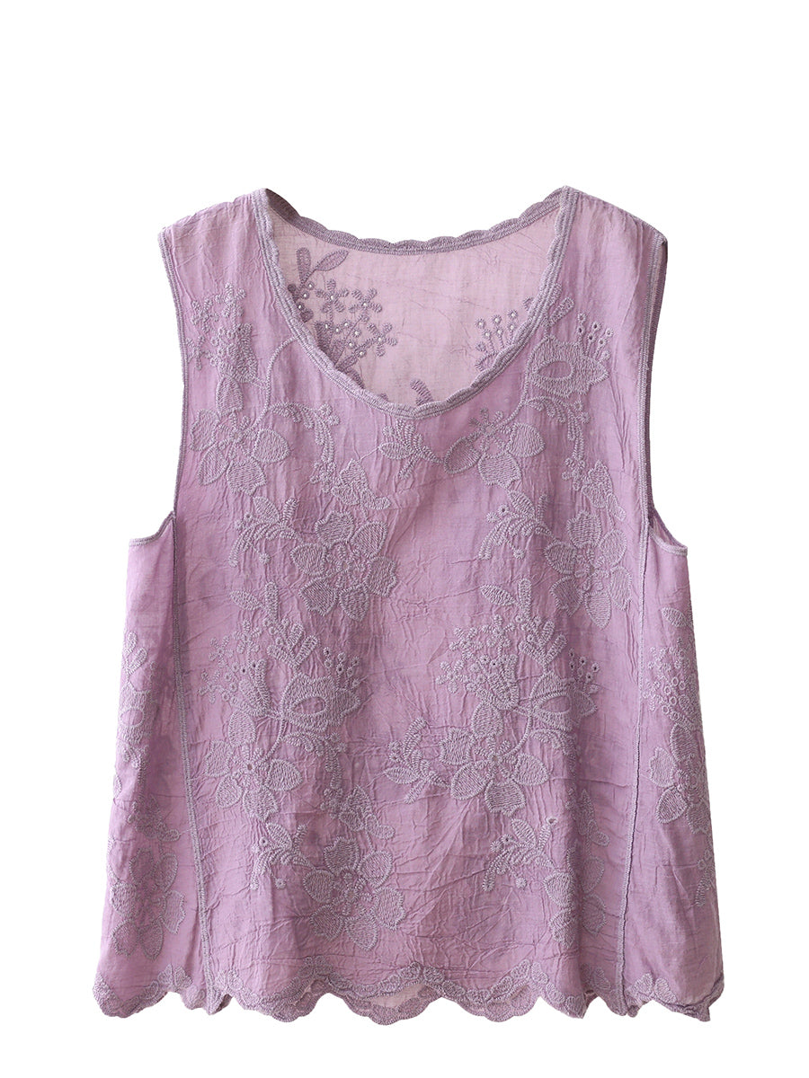 Women Summer Flower Embroidery O-Neck Cotton Vest