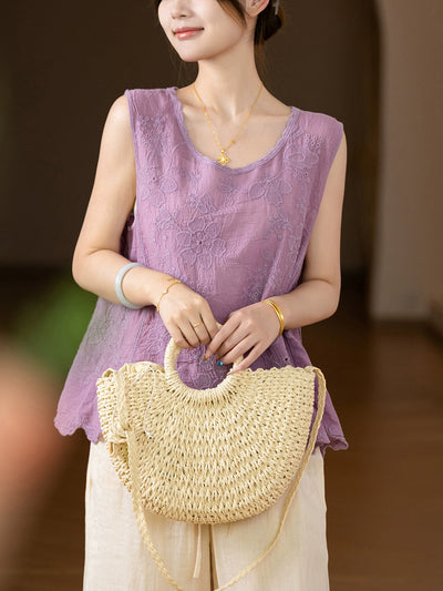 Women Summer Flower Embroidery O-Neck Cotton Vest