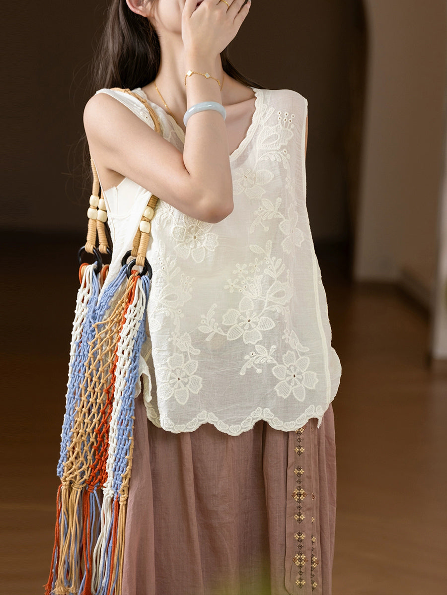 Women Summer Flower Embroidery O-Neck Cotton Vest