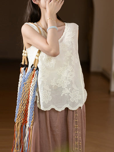 Women Summer Flower Embroidery O-Neck Cotton Vest