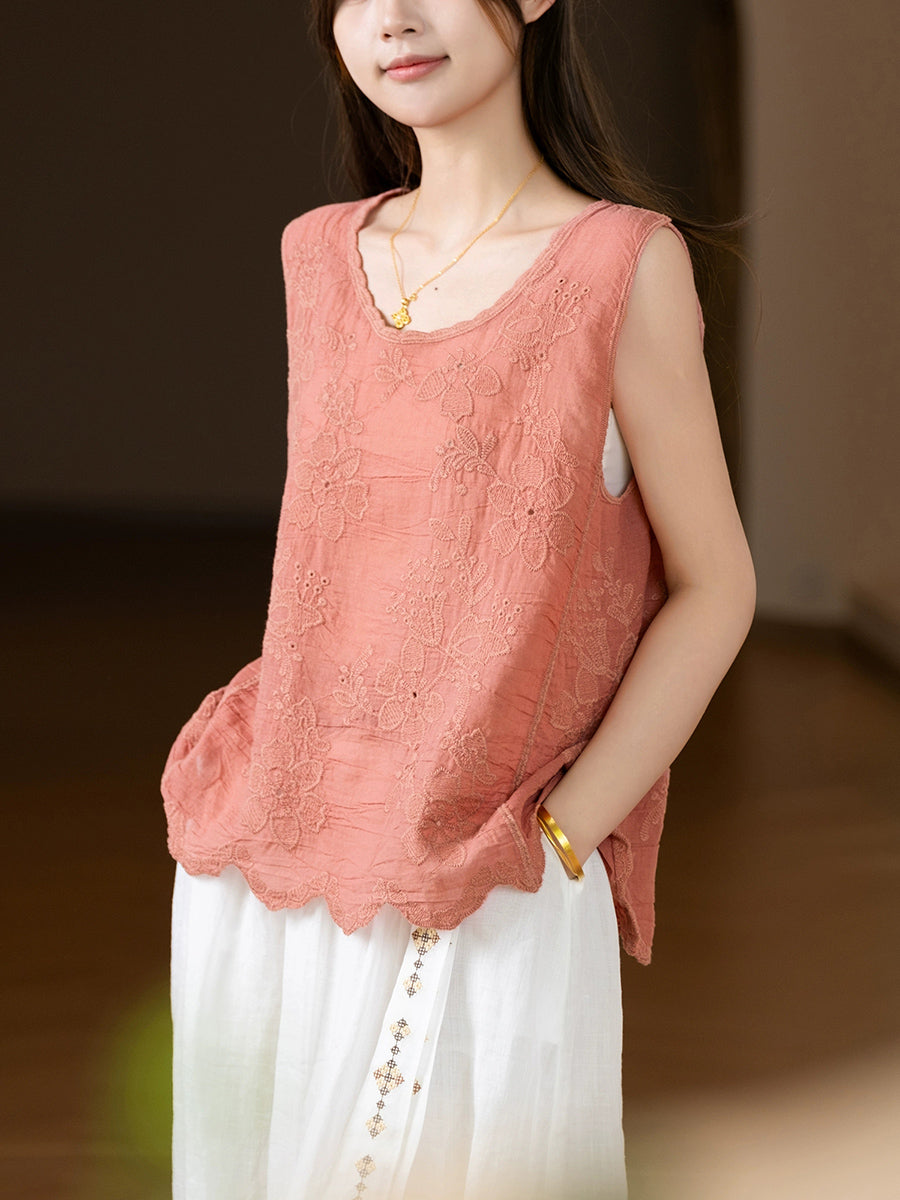 Women Summer Flower Embroidery O-Neck Cotton Vest
