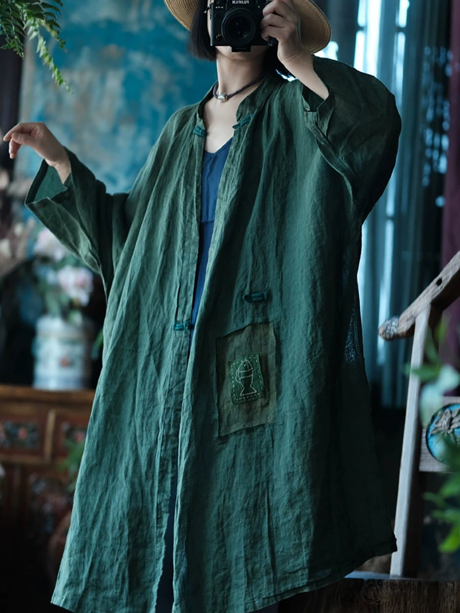 Women Summer Vintage Pure Color Stand Collar Ramie Shirt