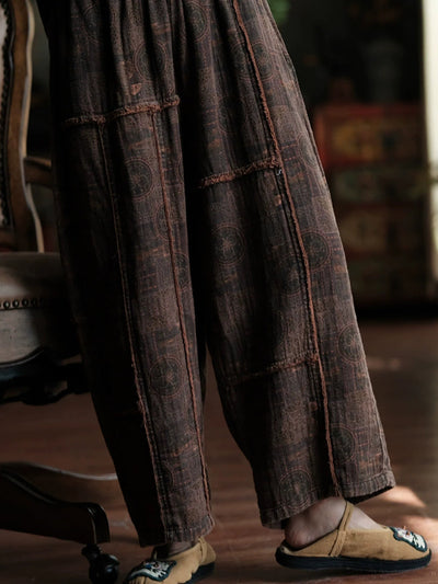 Women Summer Retro Print Spliced Cotton Wide-leg Pants
