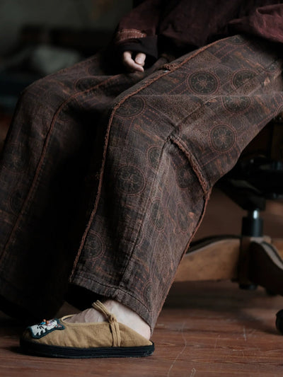 Women Summer Retro Print Spliced Cotton Wide-leg Pants