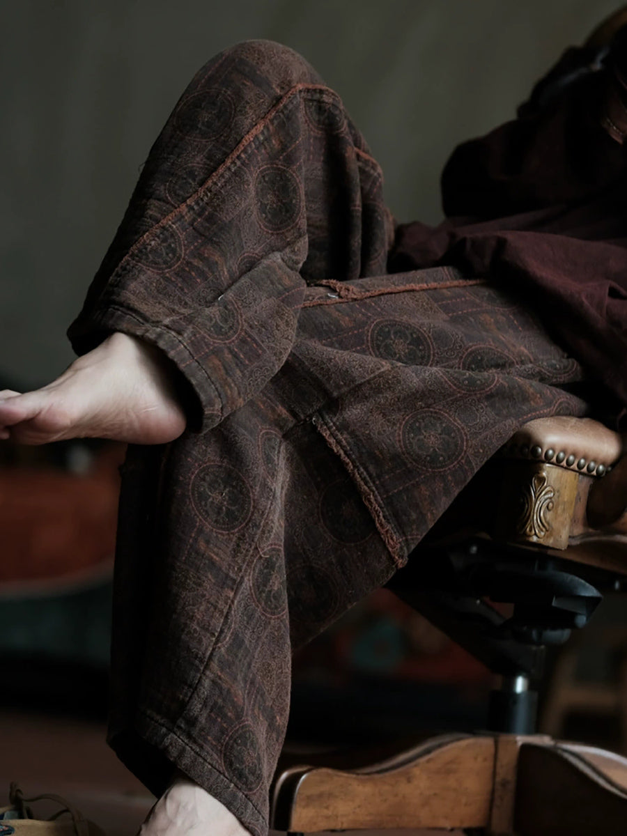 Women Summer Retro Print Spliced Cotton Wide-leg Pants