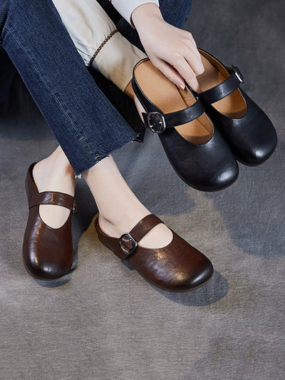 Women Summer Genuine Leather Pure Color Slippers