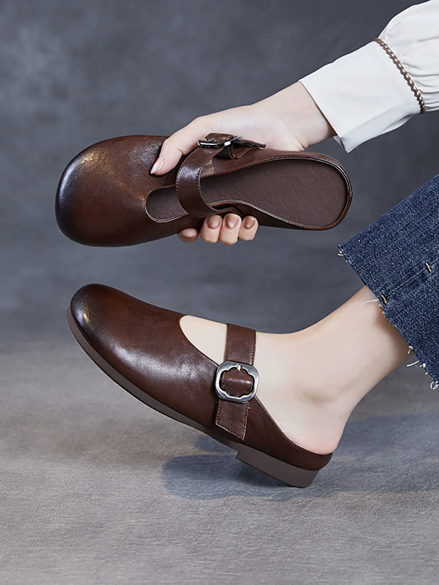 Women Summer Genuine Leather Pure Color Slippers