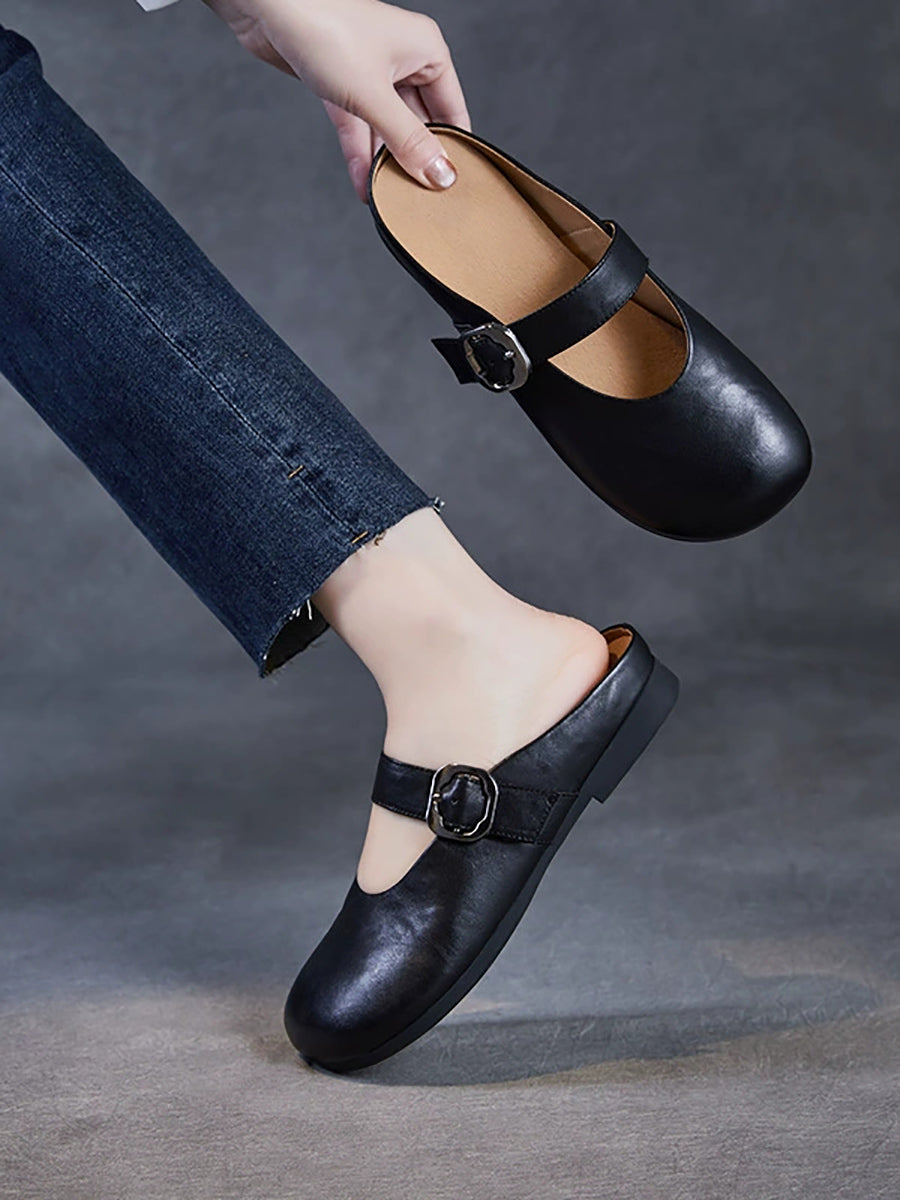 Women Summer Genuine Leather Pure Color Slippers