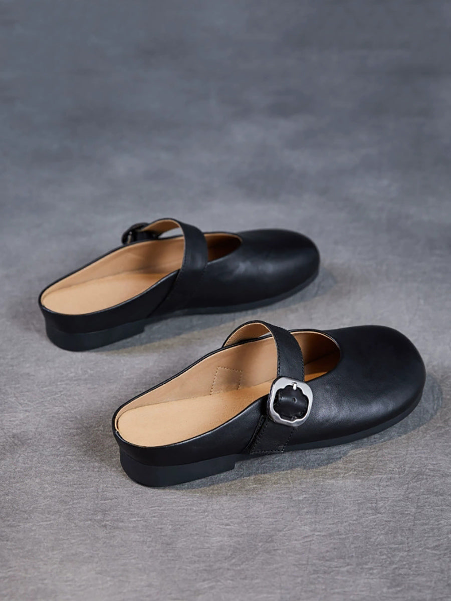 Women Summer Genuine Leather Pure Color Slippers