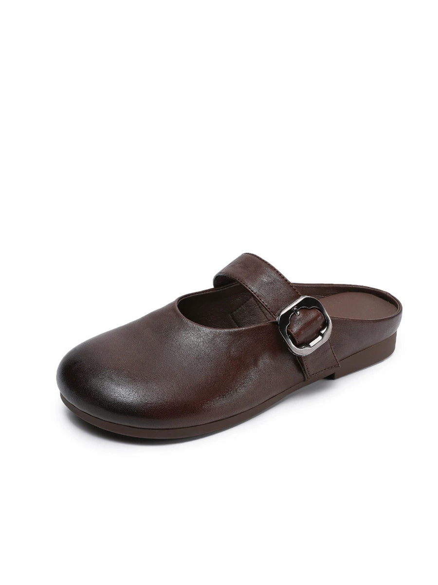Women Summer Genuine Leather Pure Color Slippers