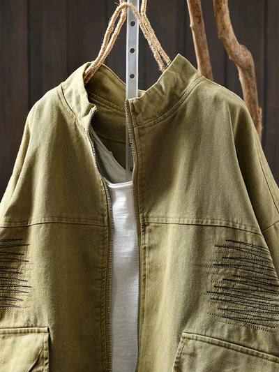 Women Casual Pure Color Stand Collar Embroidery 100%Cotton Shirt