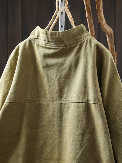 Women Casual Pure Color Stand Collar Embroidery 100%Cotton Shirt