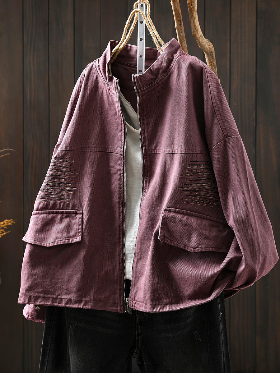 Women Casual Pure Color Stand Collar Embroidery 100%Cotton Shirt