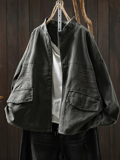 Women Casual Pure Color Stand Collar Embroidery 100%Cotton Shirt