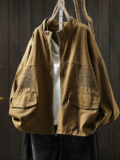 Women Casual Pure Color Stand Collar Embroidery 100%Cotton Shirt