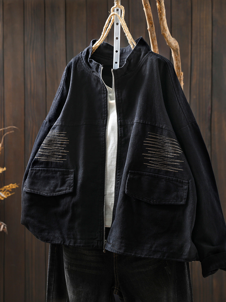 Women Casual Pure Color Stand Collar Embroidery 100%Cotton Shirt