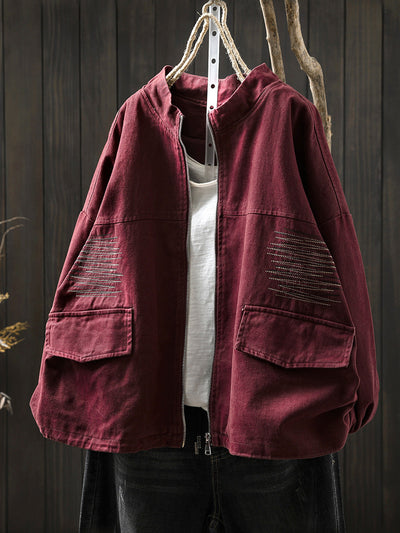 Women Casual Pure Color Stand Collar Embroidery 100%Cotton Shirt