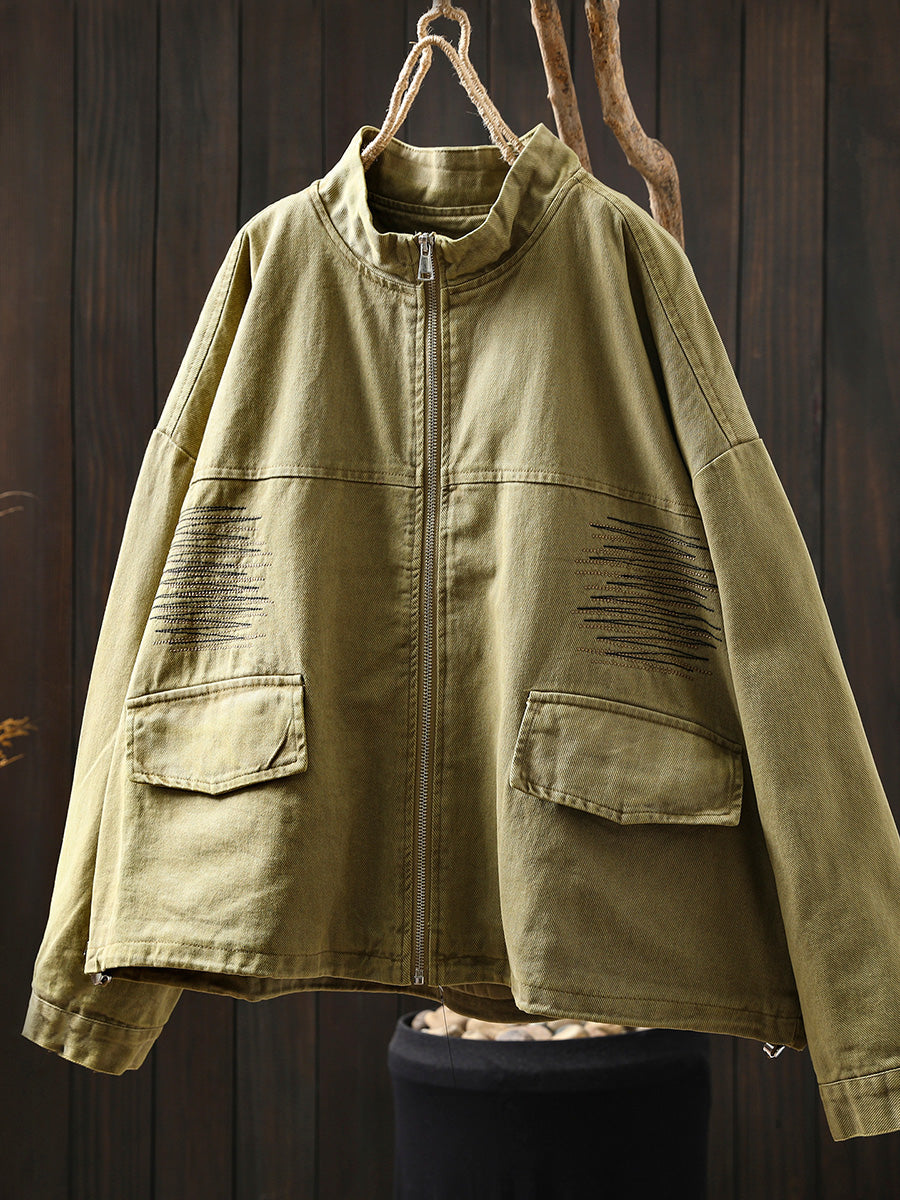 Women Casual Pure Color Stand Collar Embroidery 100%Cotton Shirt