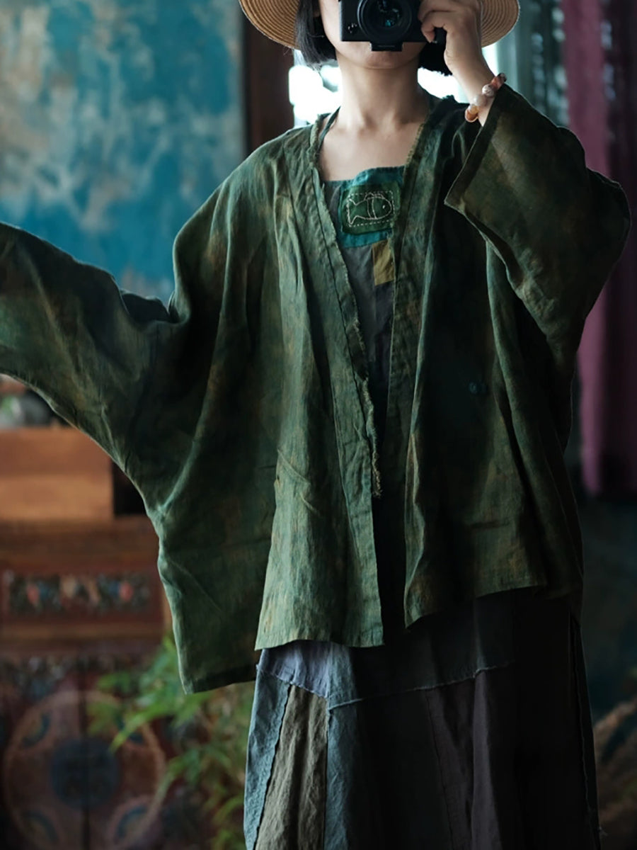 Women Summer Retro Tie-dye Linen V-Neck Shirt Coat