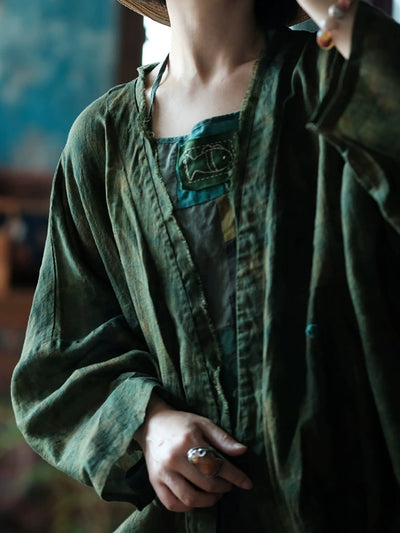 Women Summer Retro Tie-dye Linen V-Neck Shirt Coat