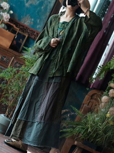 Women Summer Retro Tie-dye Linen V-Neck Shirt Coat