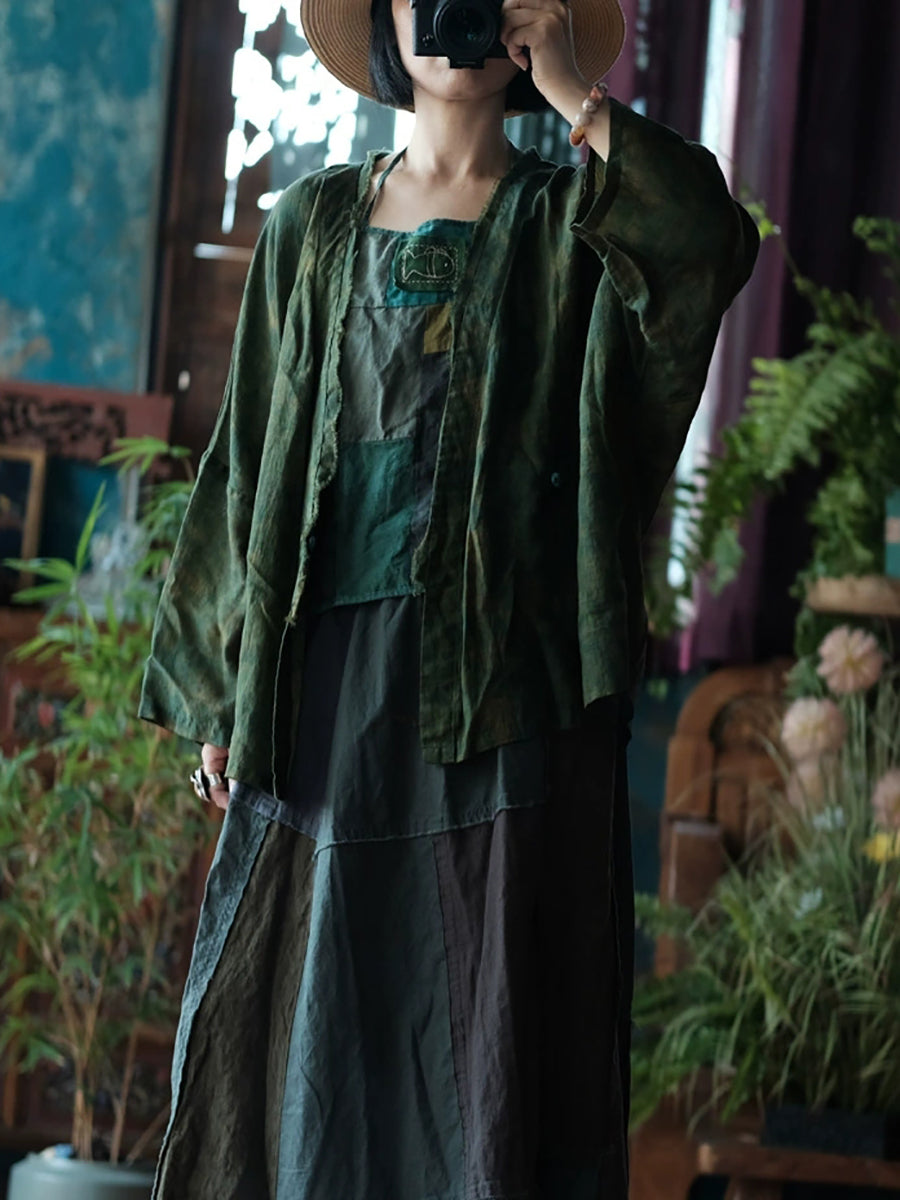 Women Summer Retro Tie-dye Linen V-Neck Shirt Coat