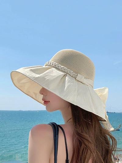 Women Summer Artsy Spliced Bowknot Sunproof Hat