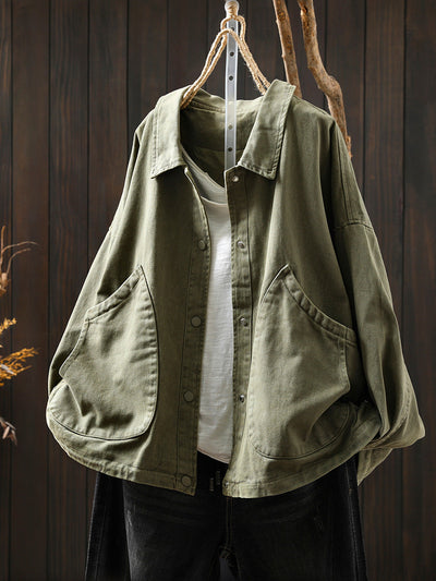 Women Pure Color Turn-down Collar 100%Cotton Shirt Coat