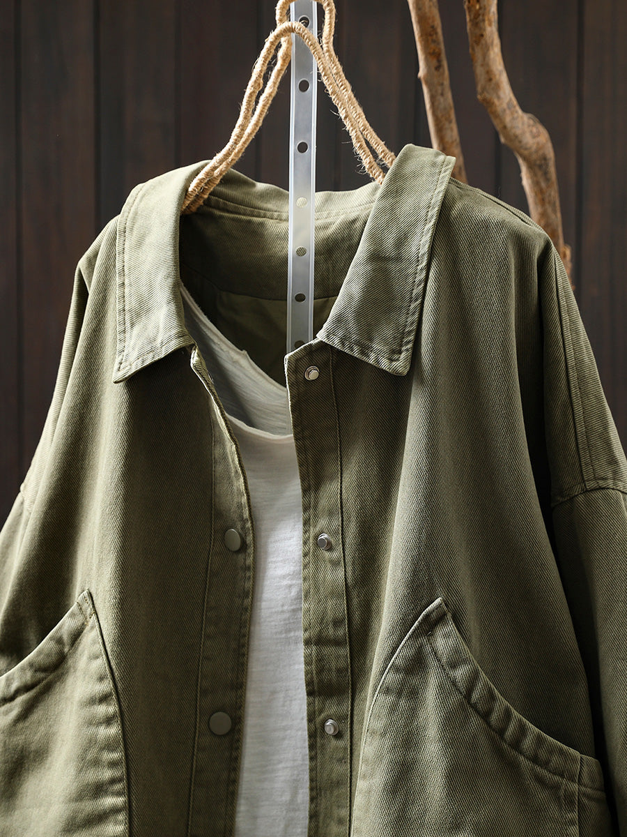 Women Pure Color Turn-down Collar 100%Cotton Shirt Coat