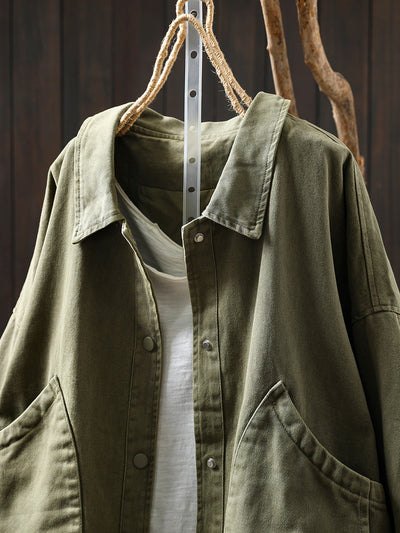 Women Pure Color Turn-down Collar 100%Cotton Shirt Coat