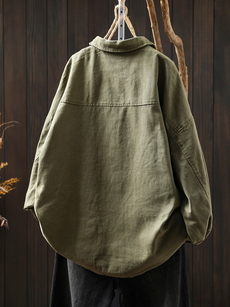 Women Pure Color Turn-down Collar 100%Cotton Shirt Coat