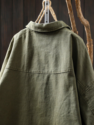 Women Pure Color Turn-down Collar 100%Cotton Shirt Coat