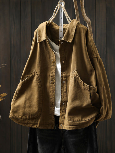 Women Pure Color Turn-down Collar 100%Cotton Shirt Coat