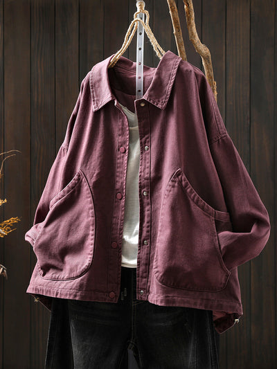 Women Pure Color Turn-down Collar 100%Cotton Shirt Coat