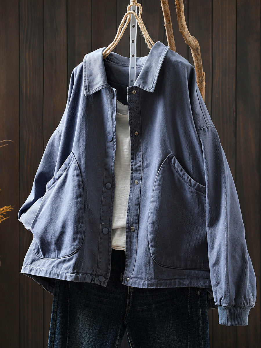 Women Pure Color Turn-down Collar 100%Cotton Shirt Coat