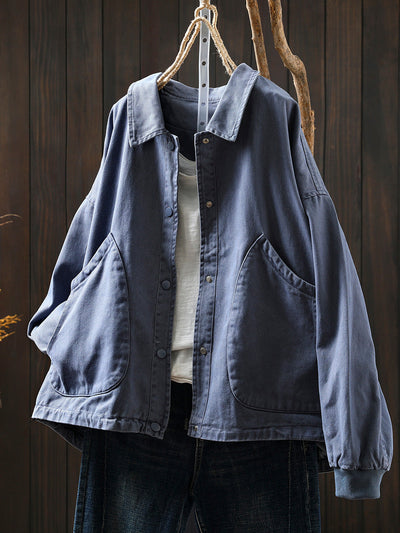 Women Pure Color Turn-down Collar 100%Cotton Shirt Coat