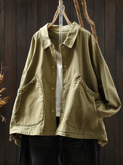 Women Pure Color Turn-down Collar 100%Cotton Shirt Coat