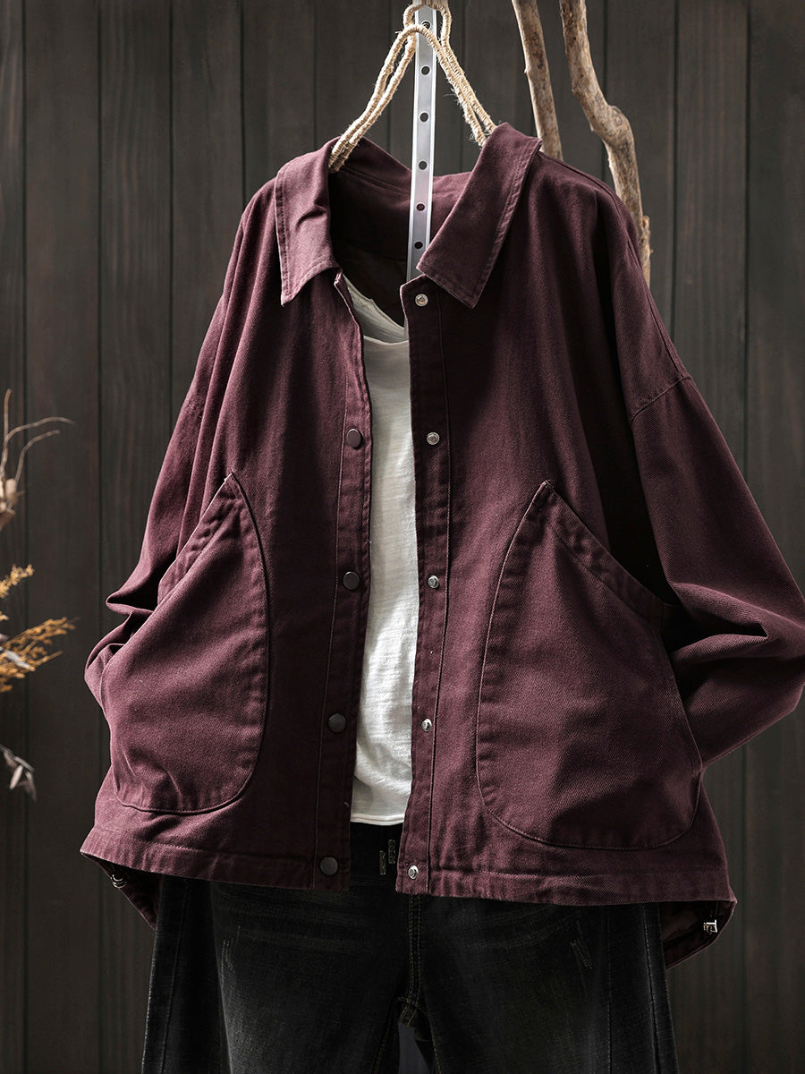 Women Pure Color Turn-down Collar 100%Cotton Shirt Coat