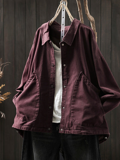 Women Pure Color Turn-down Collar 100%Cotton Shirt Coat