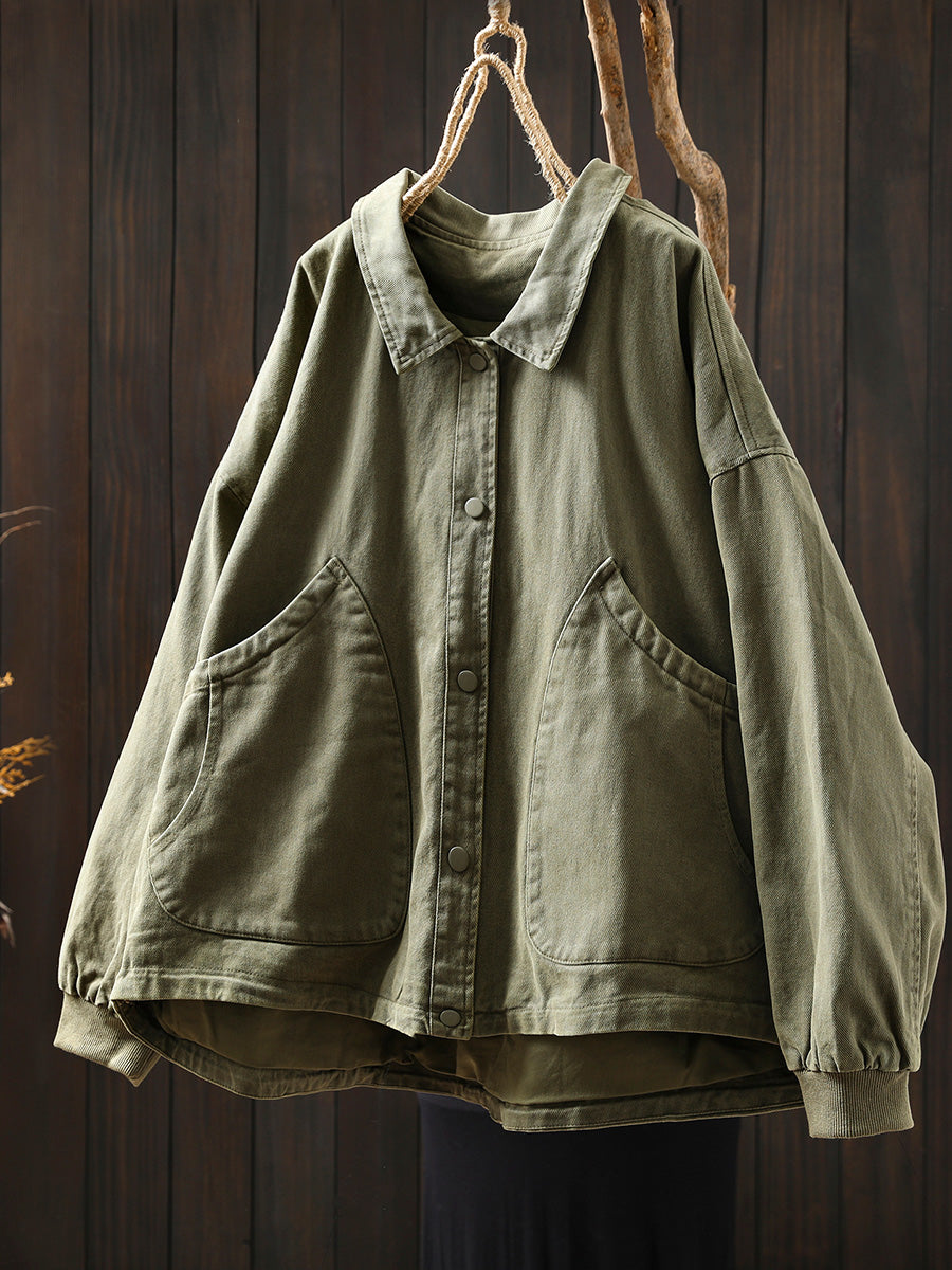 Women Pure Color Turn-down Collar 100%Cotton Shirt Coat